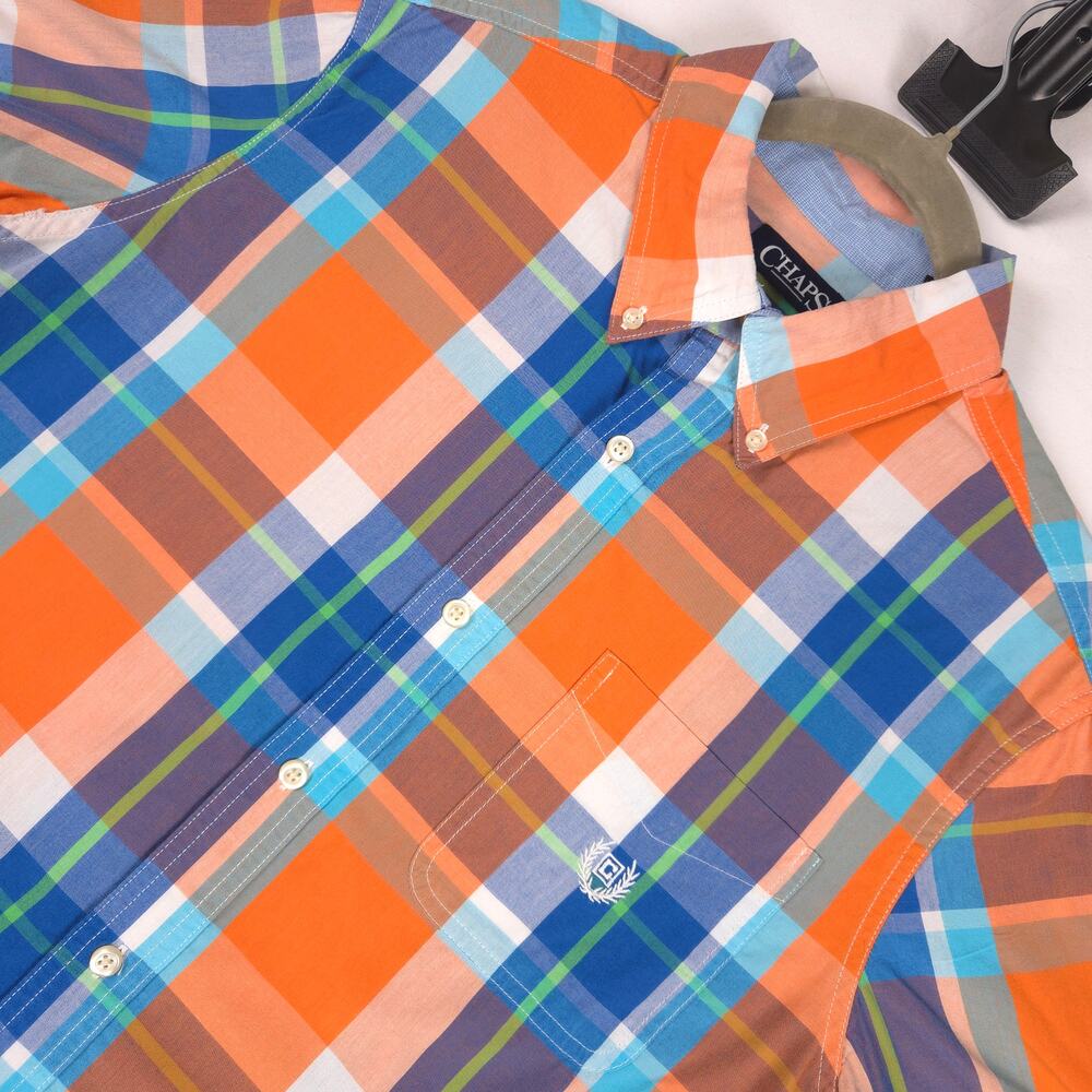 Chaps Ralph Lauren M Plaid Button Up Shirt Orange Blue Cotton Blend Short Sleeve